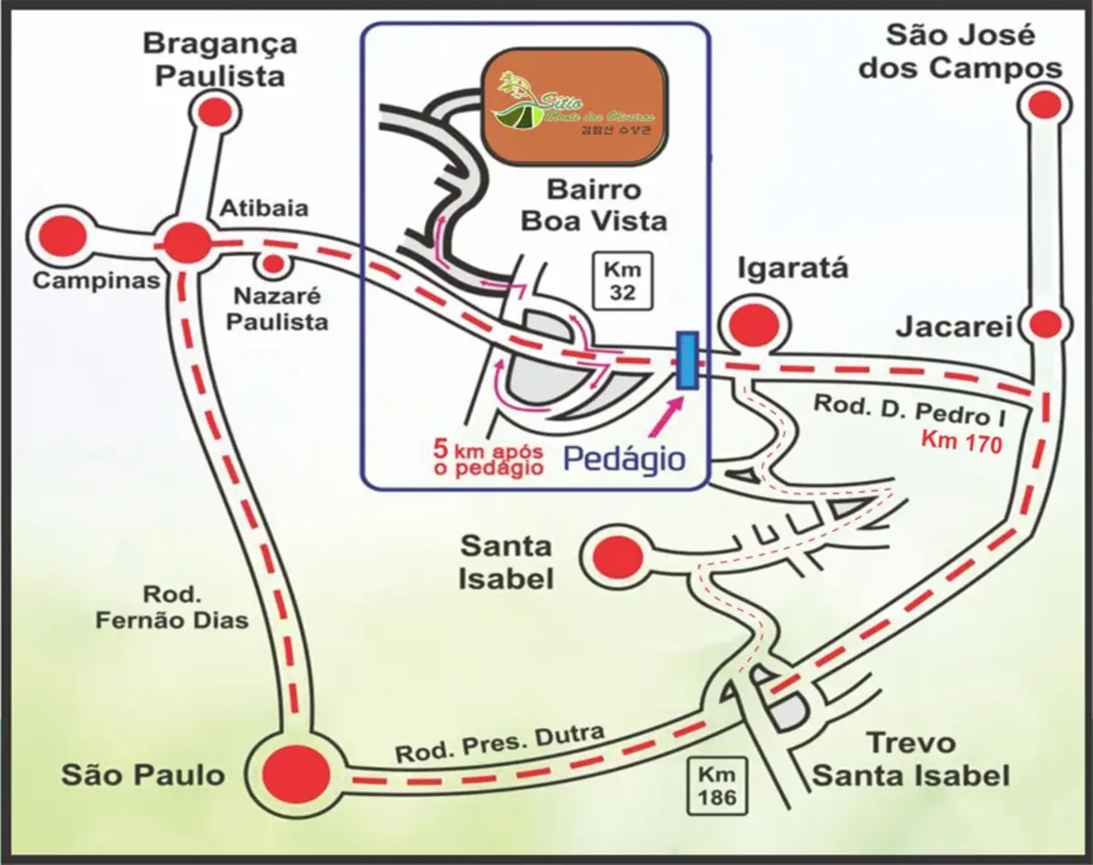 Mapa de rotas para o Sítio Monte das Oliveiras, chegando por São Paulo, Campinas, São José dos Campos e Jacareí